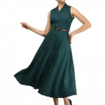 Women Fit and Flare Green Dress With Mask