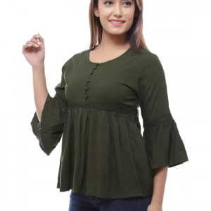 Casual Cutout Solid Women Green Top